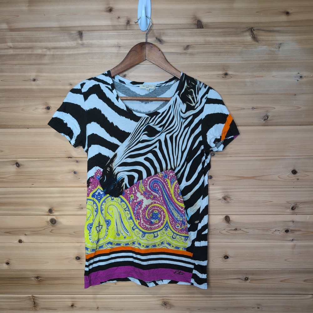 Etro Milano Zebra Paisley Graphic T-Shirt Cotton Black White Multi Size 38